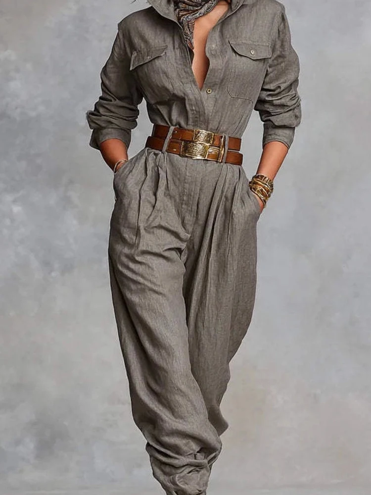 

Casual Lapel Long Sleeve Playsuits Overalls Autumn Women New Single Breasted Commute Rompers Vintage High Waist Pocket Jumpsuits