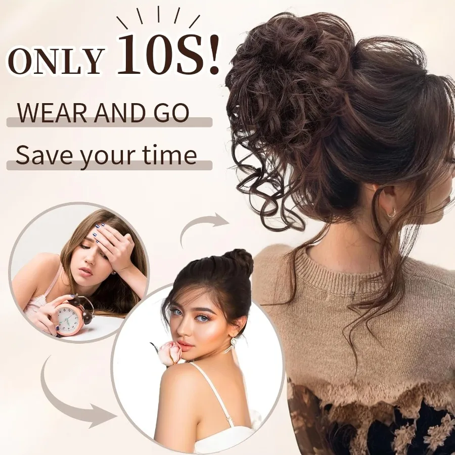 2 قطعة قطع الشعر العقدة الاصطناعية للنساء فوضوي كعكة الشعر التمديد مع تصميم Scrunchie Tousled أوبدو نمط ذيل حصان هيربيسي #3