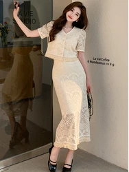 New Korean Fashion Lace Two Piece Set for Women Summer Tassel V-neck Short Sleeve Shirt Blouse + High Waist Long Skirts Sets Y2k