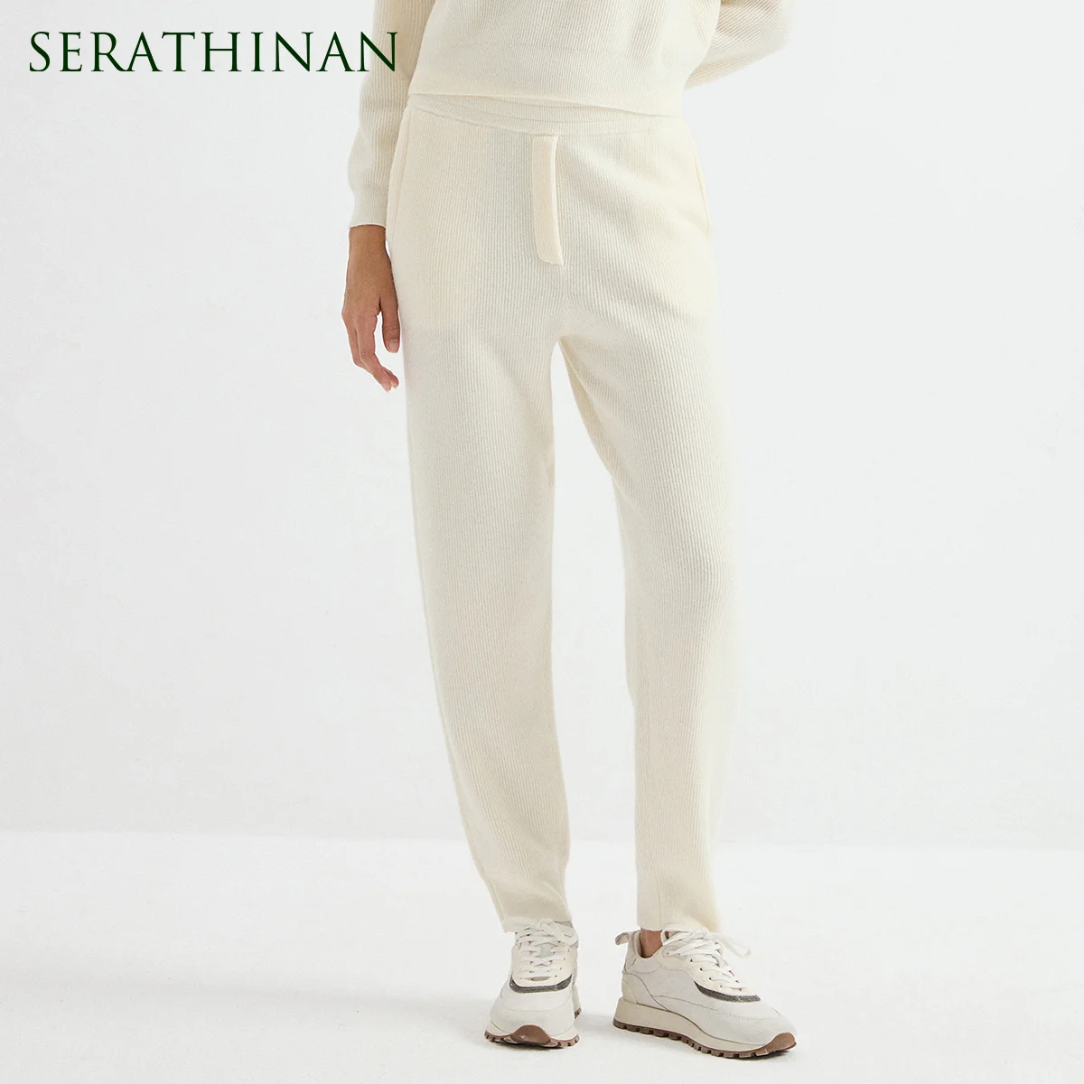 BD3621776 Women's 100% Wool English Rib Tapered Pants Elasticated Waist Contrast Pocket Chain Trim Two-Tone Early Autumn Fall