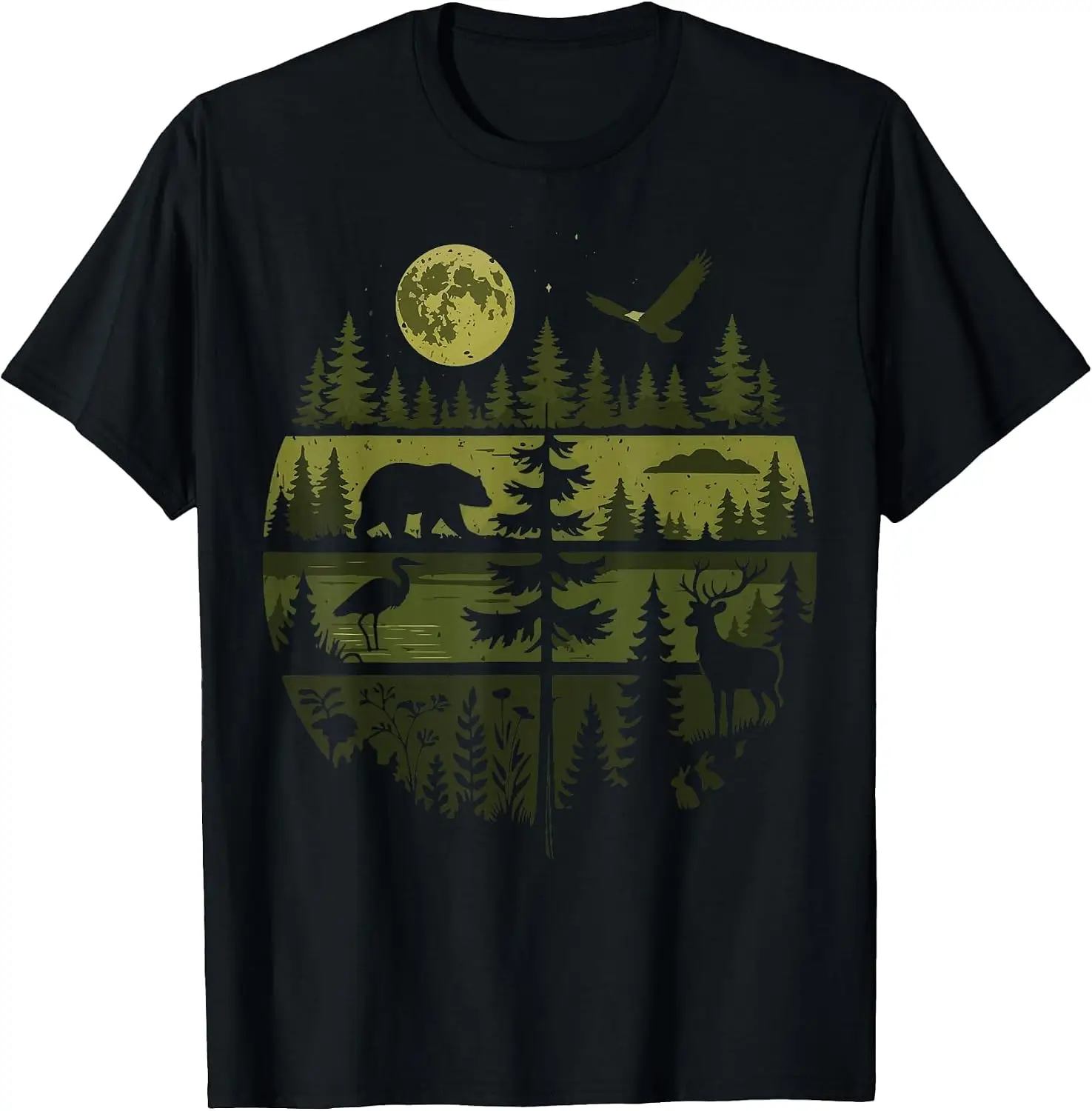 Forest Retro Nature Wildlife Outdoor T-Shirt Men Casual Graphic Print T‑Shirt Crew Neck Short Sleeve Vintage Street Style Soft Fabric Daily Wear Tops. Holiday Festive, Party Wear, Theme Print Tee.