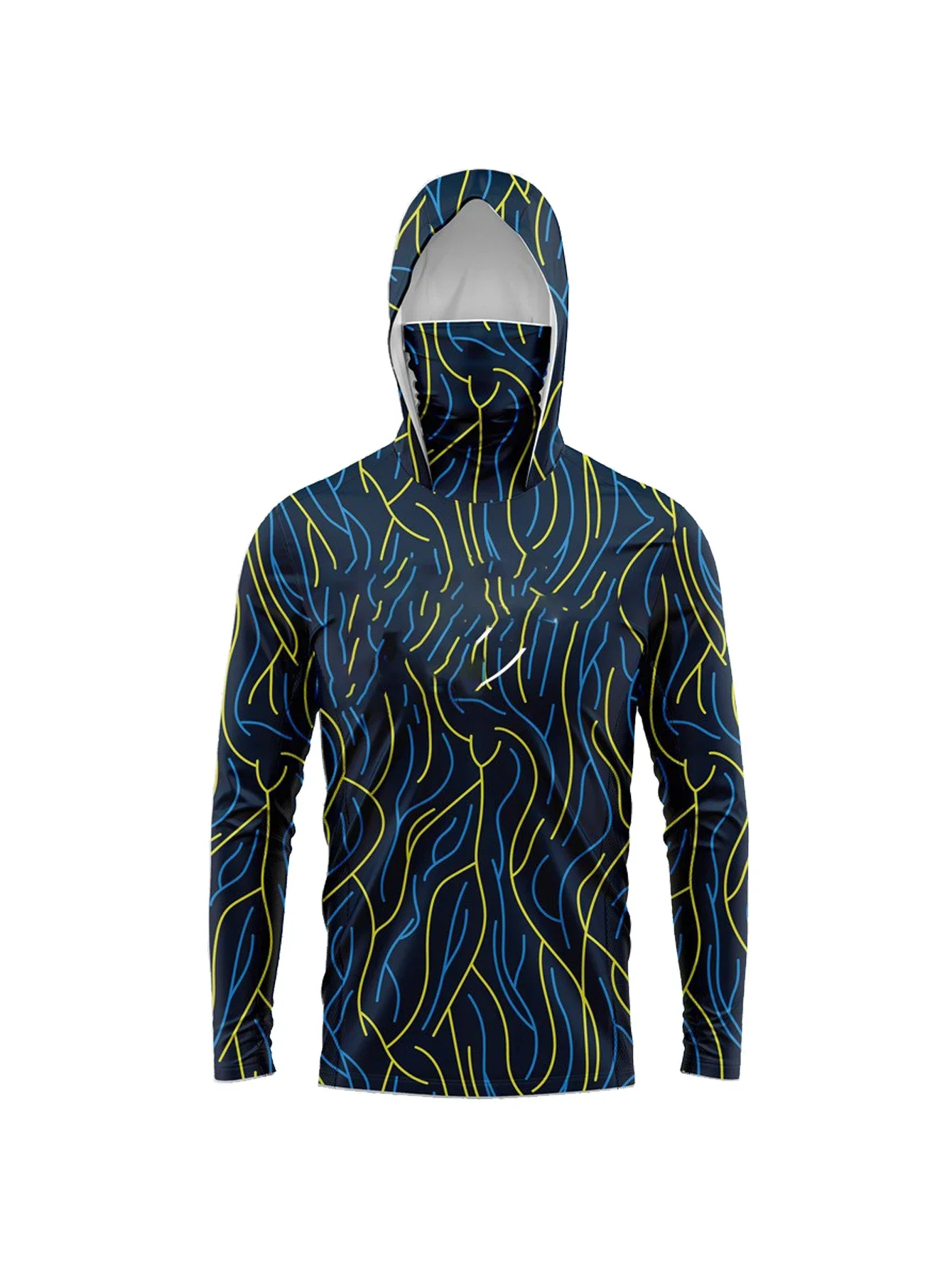 Dark hooded fishing shirt with blue and yellow curved lines