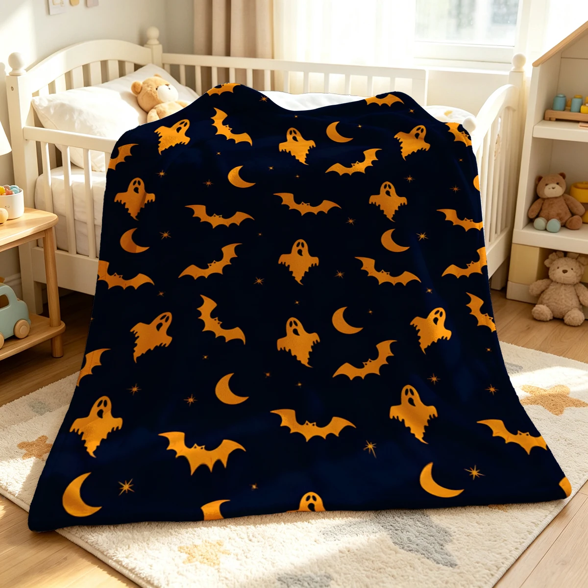 Navy Yellow Ghost Moon Winter Summer Flannel Blanket Throw Fleece Soft Fuzzy Plush Cozy Fleece Blankets for Sofa Ideal Gifts