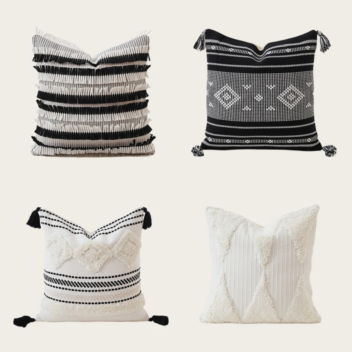 Cotton Yarn Dyed Jacquard Pillow Cover Light Luxury Cushion Cover Geometric Pillow Case Black & Beige White