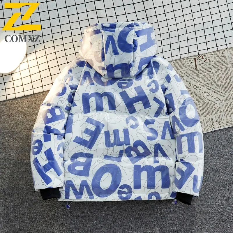 Comxz jaqueta masculina com estampa de letras, quente, grossa, estilo coreano, casaco acolchoado, neve, resistente ao frio, elegante, jaqueta de pão