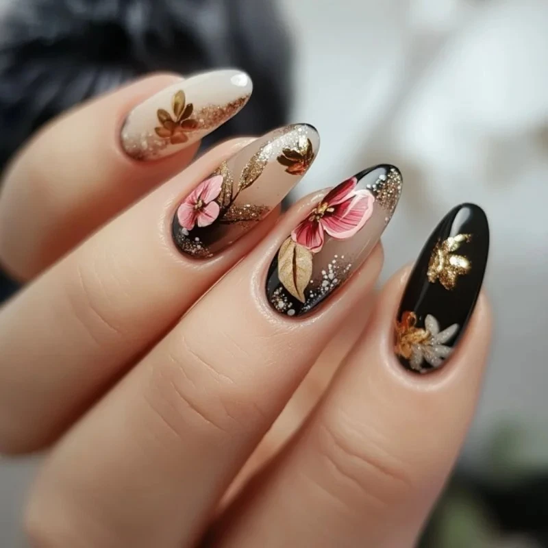 

24PCS 3D Gold Leaf False Nails Glitter Details Nude Black Floral Almond Shape Press on Nails Elegant Luxury Style Daily Nail Art