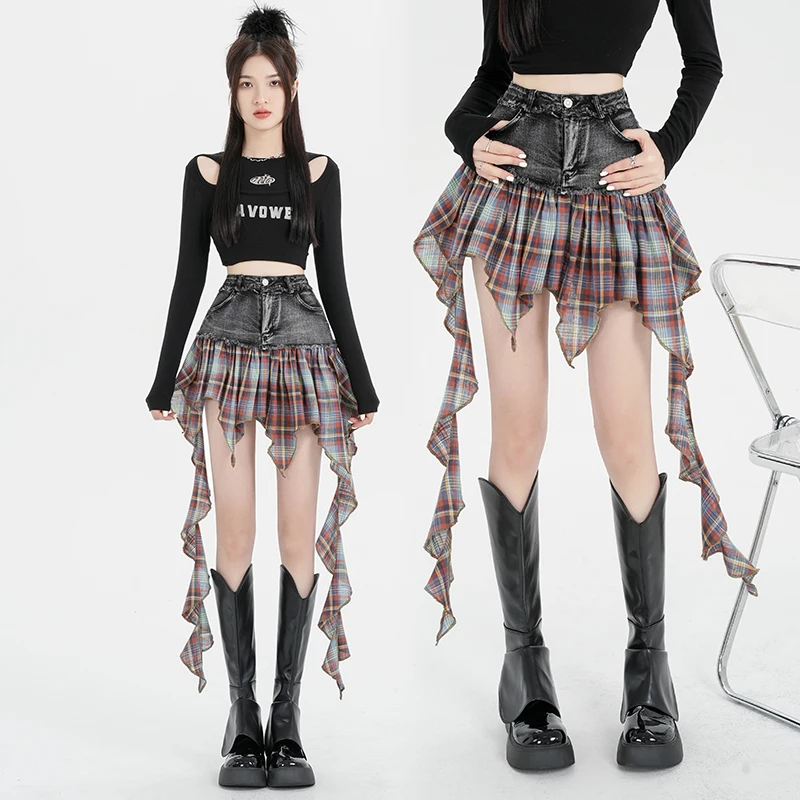 Korean Streetwear Women Jean Mini Skirt Grunge Girl Asymmetrical Ruffles A-Line Skirt Denim Patchwork Plaid Irregular Y2K Faldas