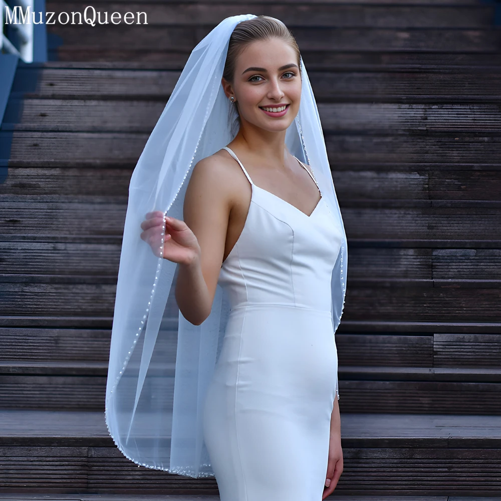 MMQ-Voile de mariage en perles de cristal pour patients, tulle doux à 1 niveau, longueur du bout des doigts, paillettes, accessoires pour petite amie, M22