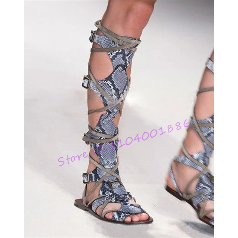 Sexy Open Toe Snake Pattern Women's Sandals Fashion Hollow Cross Strap Belt Buckle Flats Summer New Fashion Female Runway Shoes
