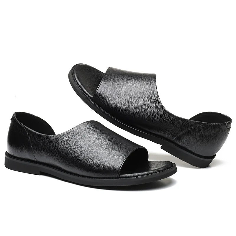 100% Genuine Leather Shoes Men Sandals Soft Cow Leather Mens Sandals Flat Non-slip Summer Holiday Shoes Black Slip-on KA4389