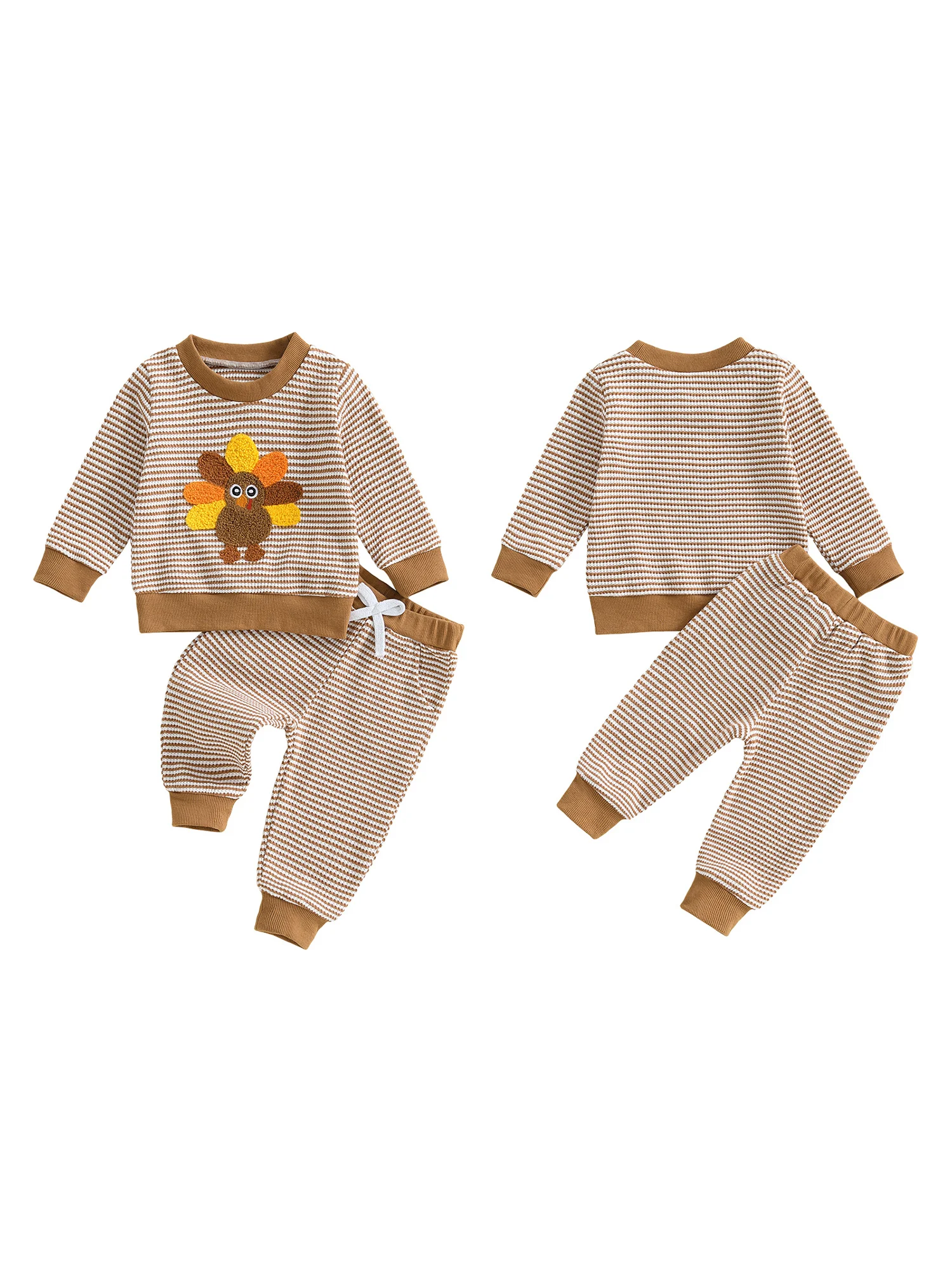 

Adorable Baby Girls Thanksgiving Outfits with Cute Turkey Embroidery Striped Long Sleeve Sweatshirt and Elastic Pants Set for
