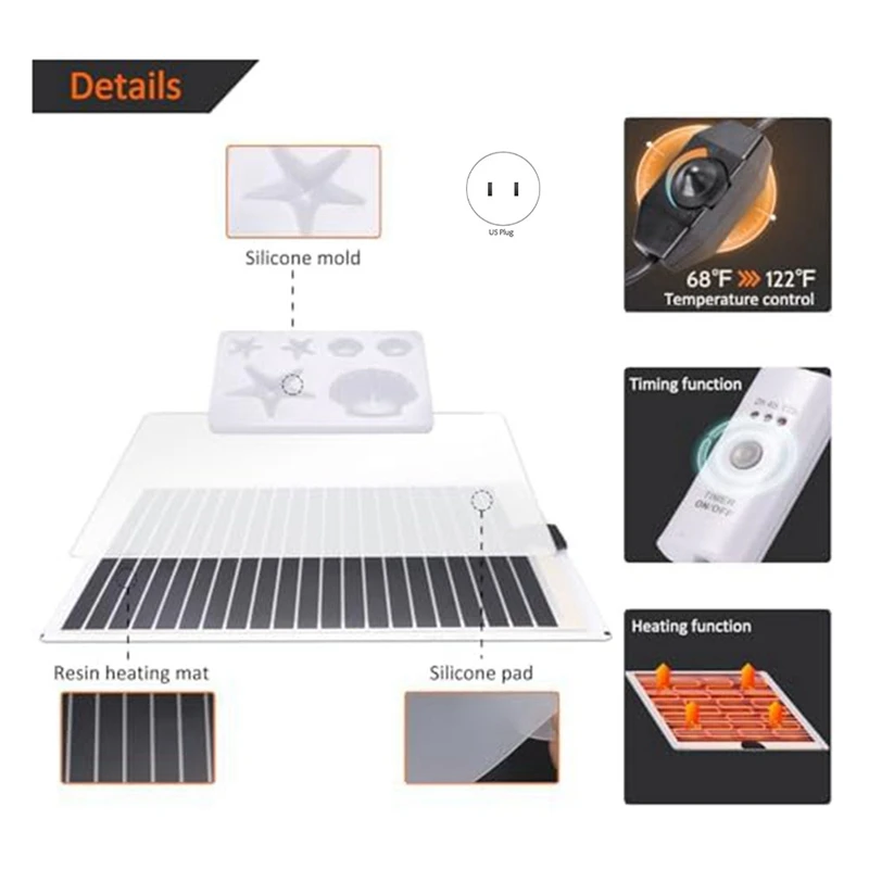 Resin Mold Heating Pad Kit Resin Heating Pad Silica Gel Silicone Pad Mold With Timer Cover, Suitable For Beginners US Plug