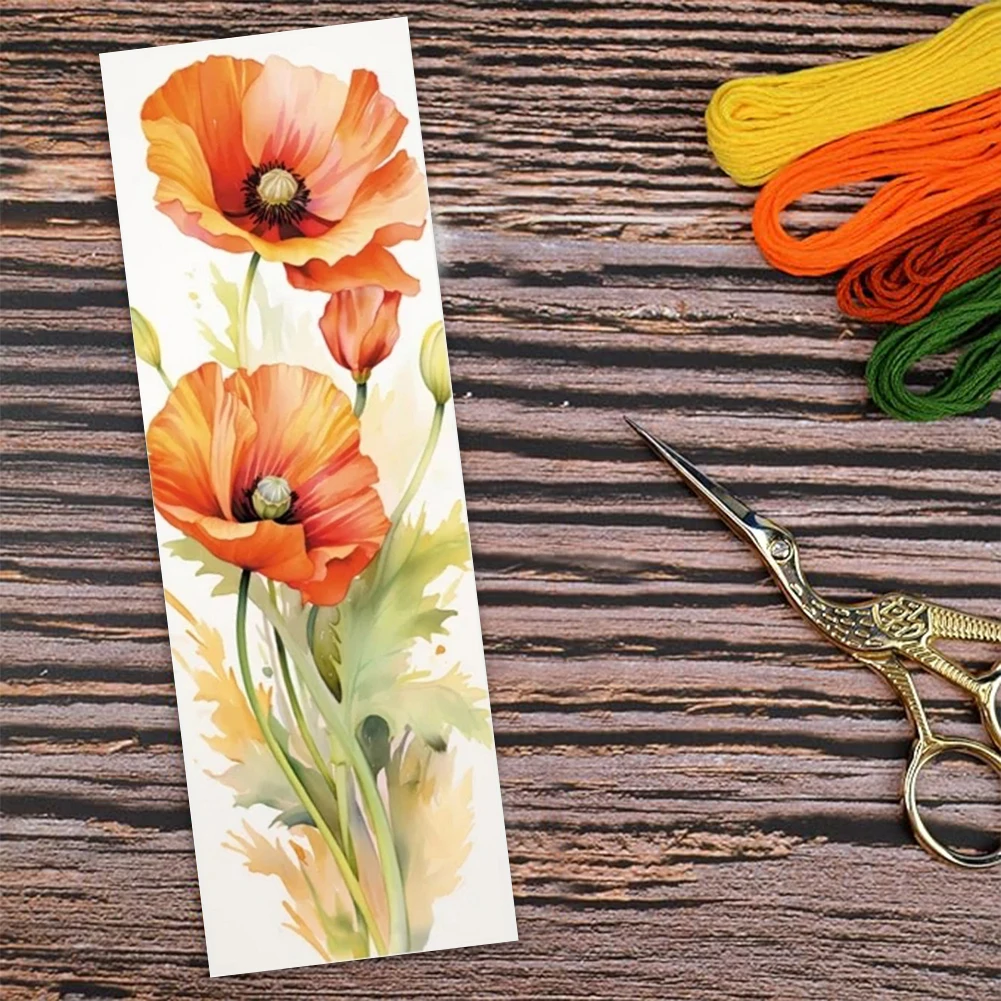 11CT Stamped Double-Sided Colorful Flower Bookmark Making Kit 18x6cm Needlework Embroidery Craft Kit for Kids Adults Beginners