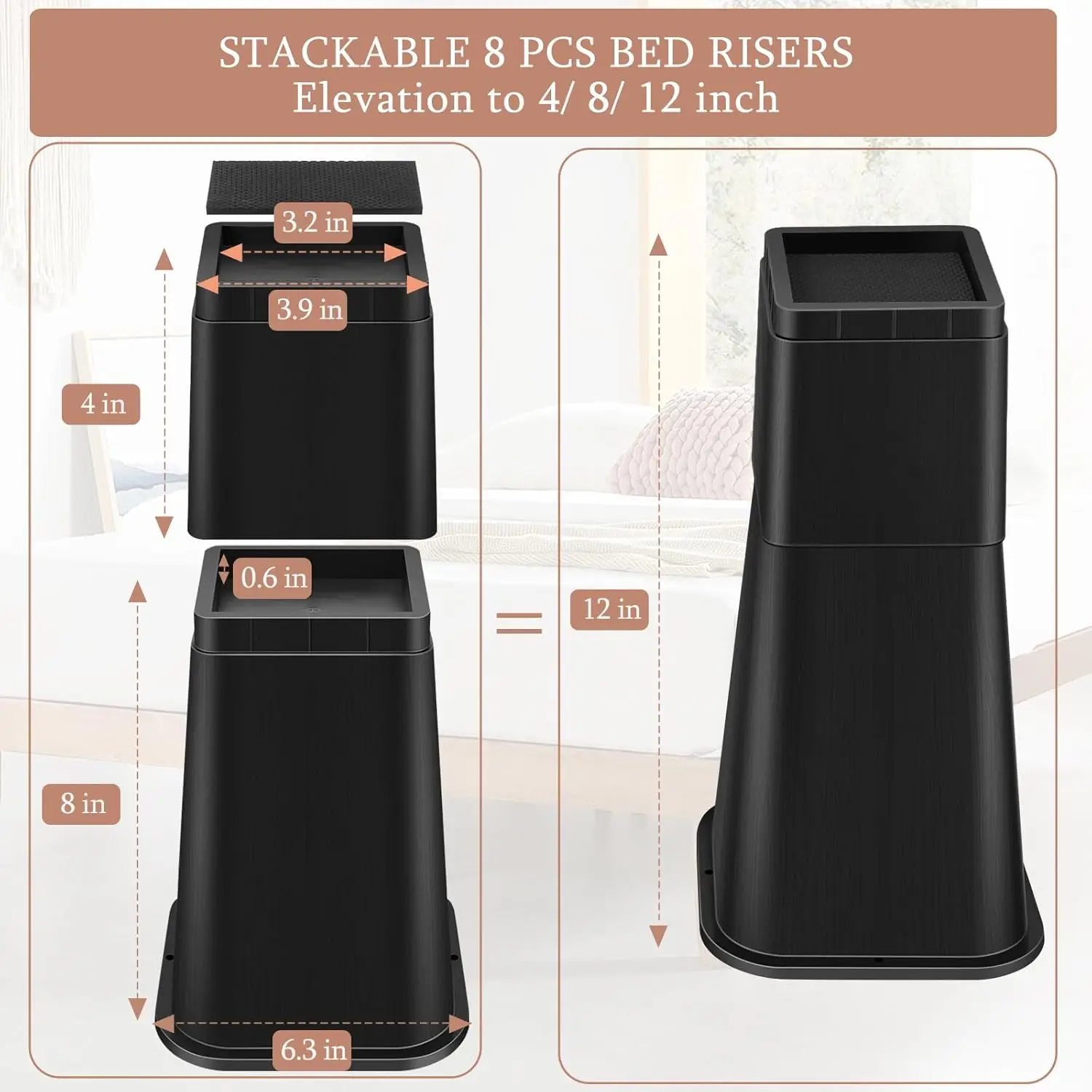 Bed Risers 12 Inch Heavy Duty, Furniture Risers Lifts 12 8 4 for Table, Desk Leg, Sofa, Couch, Adjustable Bed Frame Ri
