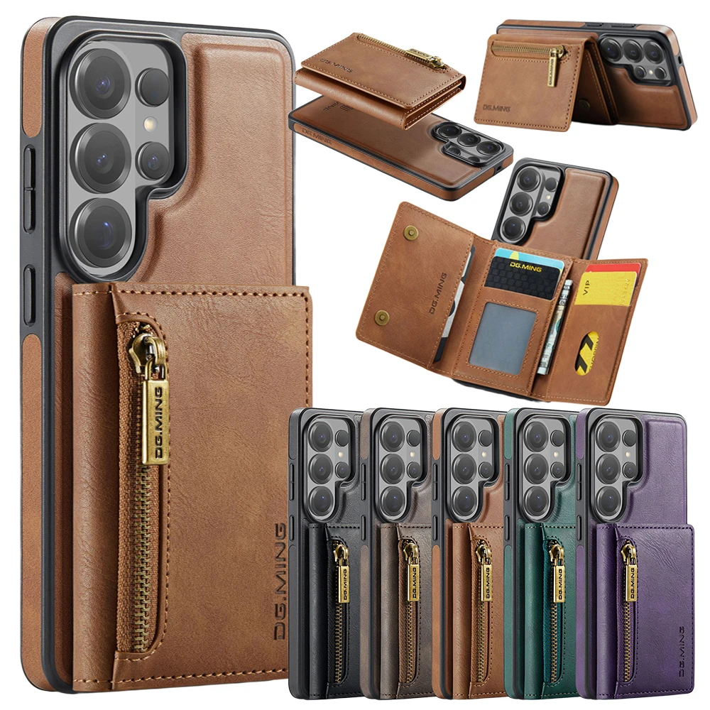 2 in 1 Zipper Wallet Leather Case for Samsung Galaxy S26 Ultra S25 Edge S24 Plus S23 Fe S22 S26U Cash Cards Bag Slots Back Cover
