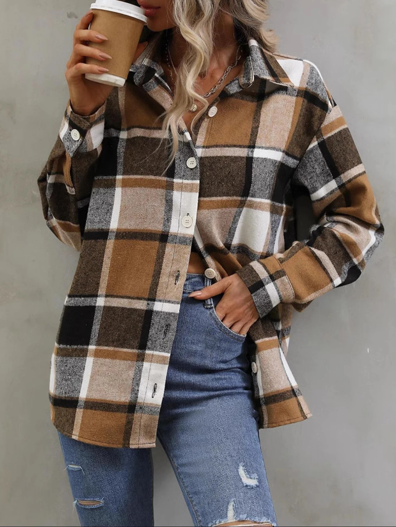 Camicie da donna 2025 per tutte le stagioni, comode camicie a maniche lunghe scozzesi, colletto monopetto, vestibilità ampia quotidiana