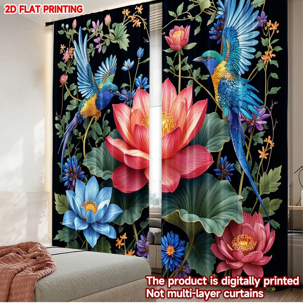 2D flat printing 2pcs Curtain Party Window Curtains Birds and Lotus Blooms Digital Printed Polyester Drapes Party Decorations