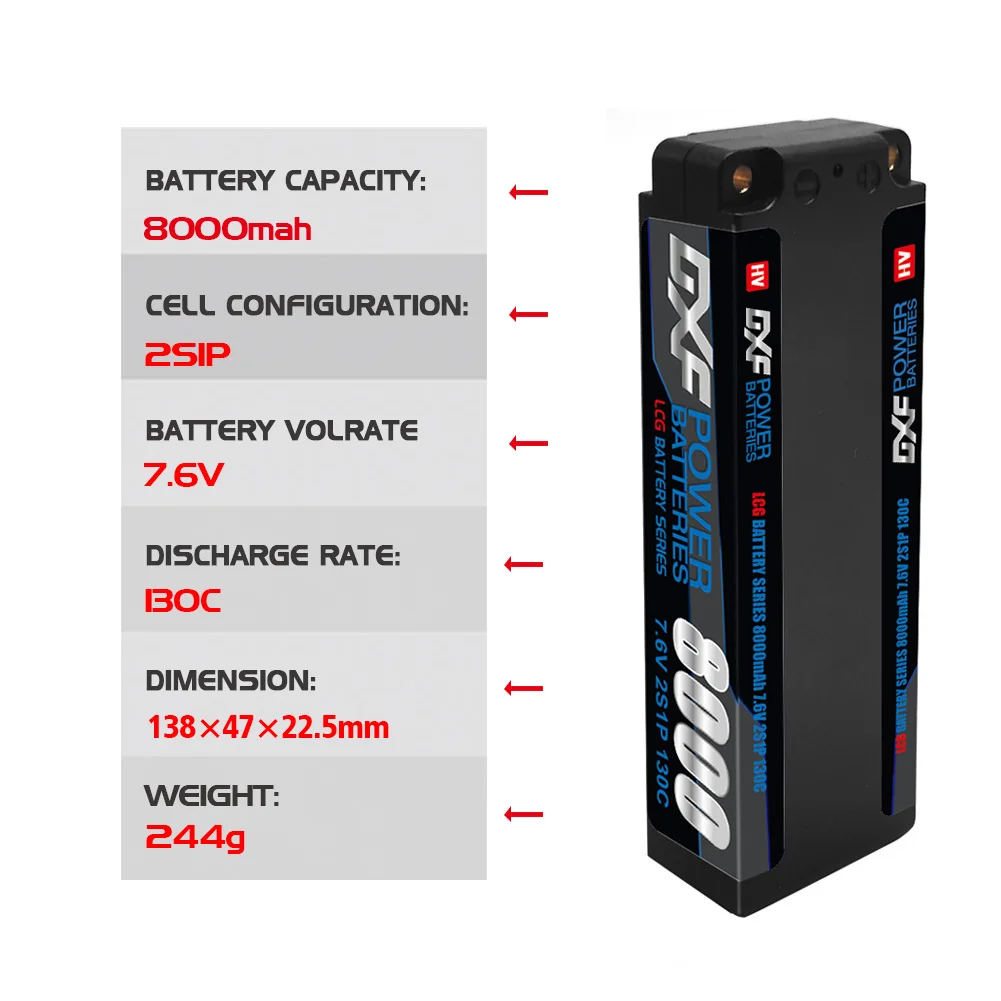 DXF 2S Lipo Battery 7.6V 9200mAh 8000mAh 7200mAh 7000mAh 6300mAh 10000mAh 5mm T Plug Hardcase for 1/10 Buggy Offroad Car RACING