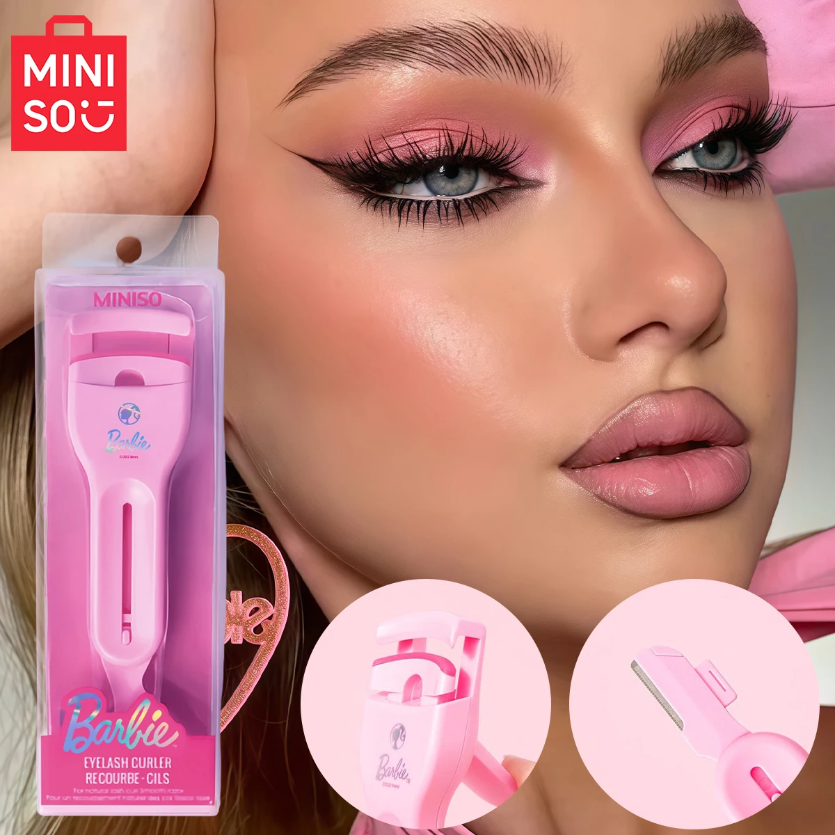 Rizador de pestañas portátil 2 en 1 de la serie de colaboración de Barbie MINISO, herramienta de maquillaje de ojos fácil de aplicar