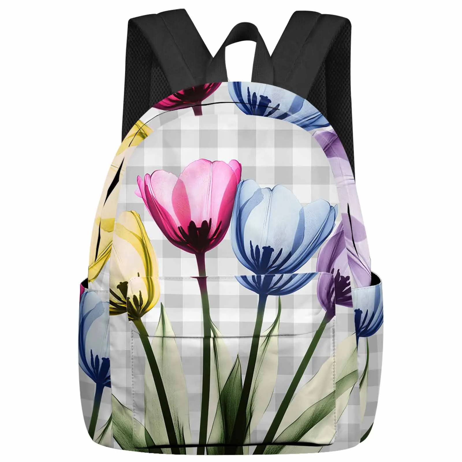 vintage-xadrez-tulipa-flores-mochilas-adolescentes-estudante-sacos-de-escola-das-mulheres-dos-homens-viagem-mochila