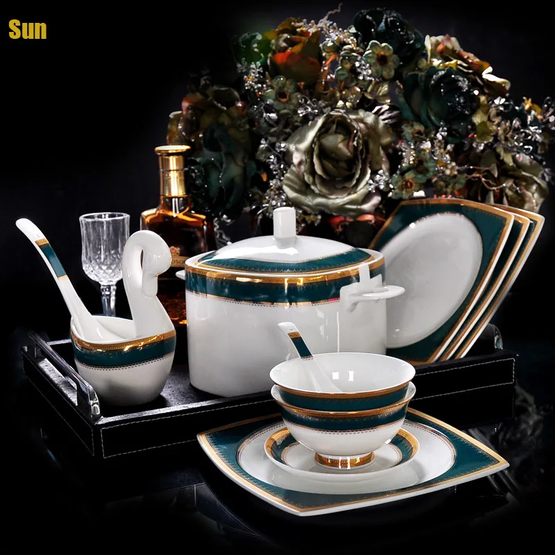 European Style Bone China Tableware Emerald Ceramic Bowls Plates Green Porcelain Dinnerware Set Wedding Gift