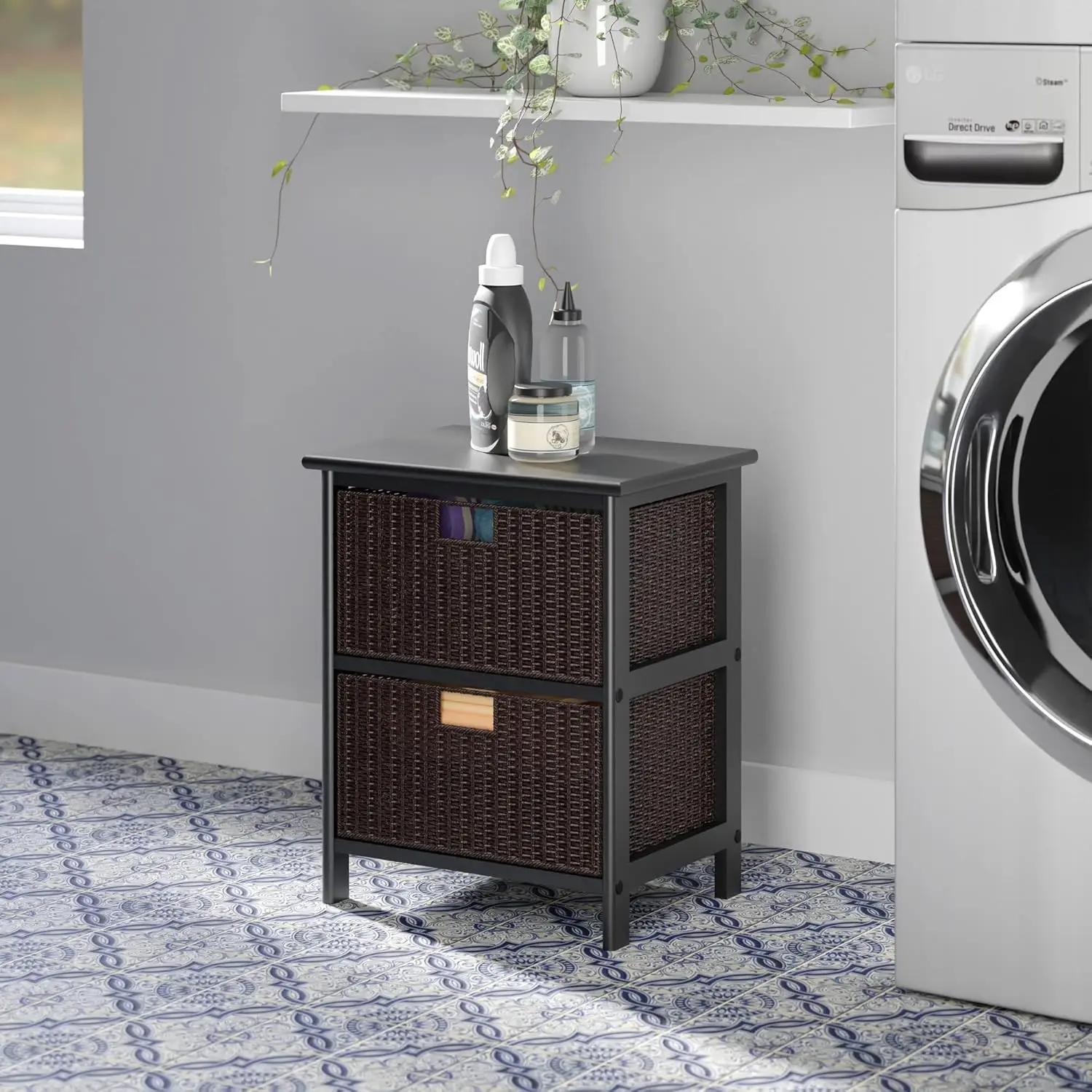 Omaha Composite Wood Storage Rack With 2 Foldable Corn Husk Baskets, Black (20216)