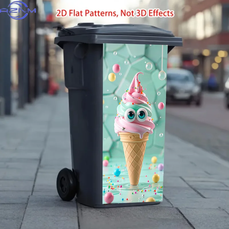 Trash Can Sticker, Featuring Cute Eyes Ice Cream Cone Pattern Theme Design, This Matte Surface Sticker Is Suitable for Decorat