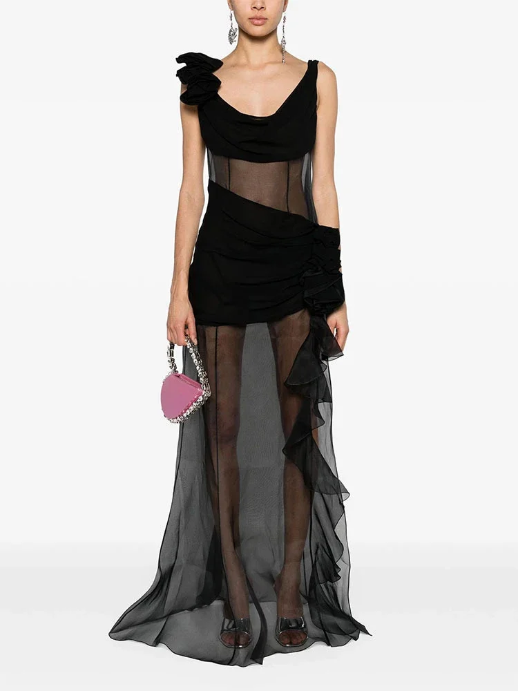 

Summer Sexy Sleeveless Semi-Sheer 3D Flower Long Dress Women Black Ruffles See Through Maxi Dresses Evening Party Runway Gowns