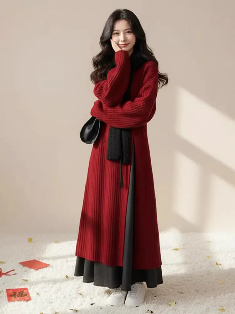 새해 레드 니트 스웨터와 캐주얼 팬츠 투피스 세트 여성 패션 앙상블 나이 감소 슬림핏 가을 겨울 의류