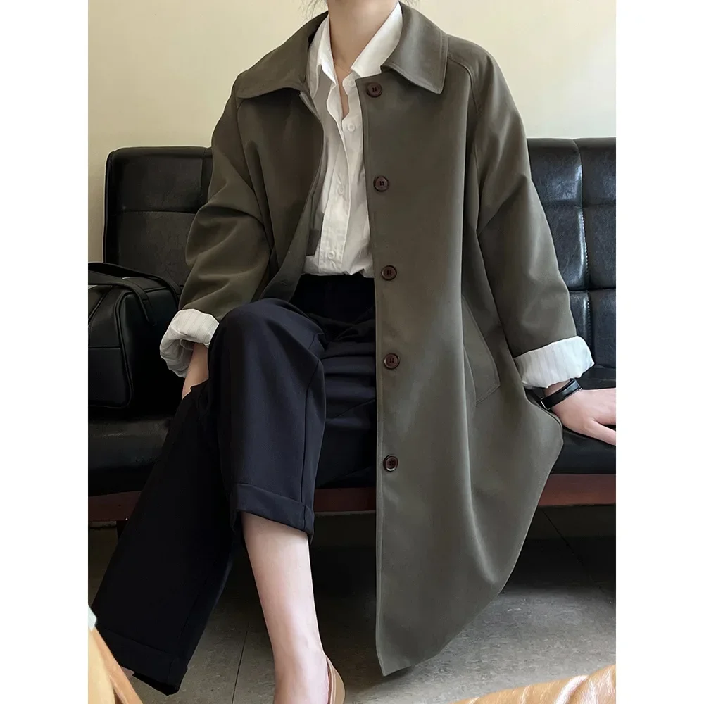 

Korean Women Turn Down Collar Full Sleeve Mid Length Cardigan Solid Splice Loose Single Breasted Trench Coats 2023 Autumn Winter