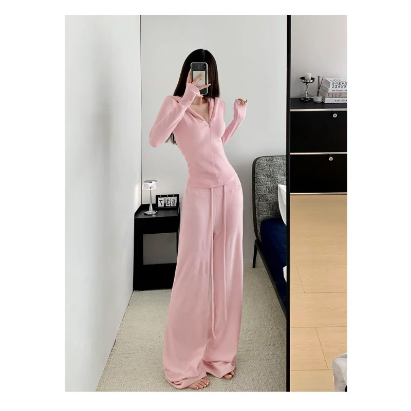 Dames rode trainingspak met capuchon, lange mouw, rits, top, hoge taille broek, 2-delige casual outfit