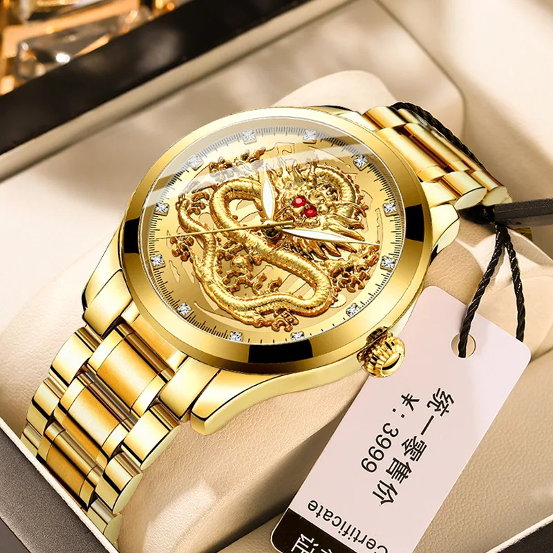 UTHAI Men Watch Embossed Gold Dragon Wristwatches Waterproof Diamond inlaid Ruby Male Fashion Middle-aged Elderly Clock Watches