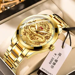 TOP Brand Men Watch Embossed Gold Dragon Wristwatch Waterproof Diamond inlaid Ruby Male Fashion Middle-aged Elderly Clock Watch