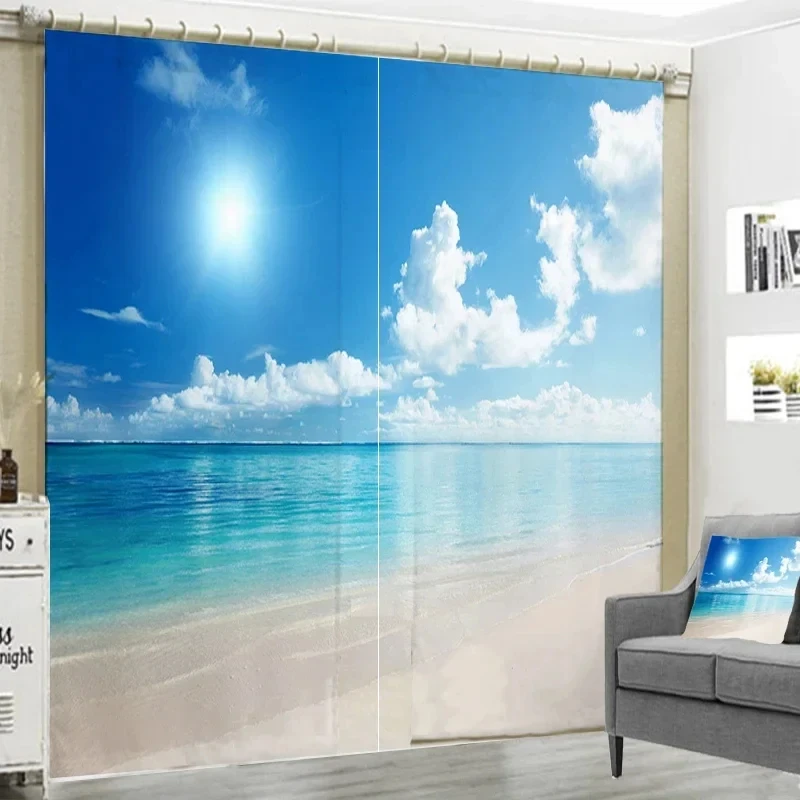 

Exquisite Sea View Pictures Window Curtains Natural Seascape Pattern Curtains For Living Room Bedroom Door Home New Pattern 2pcs