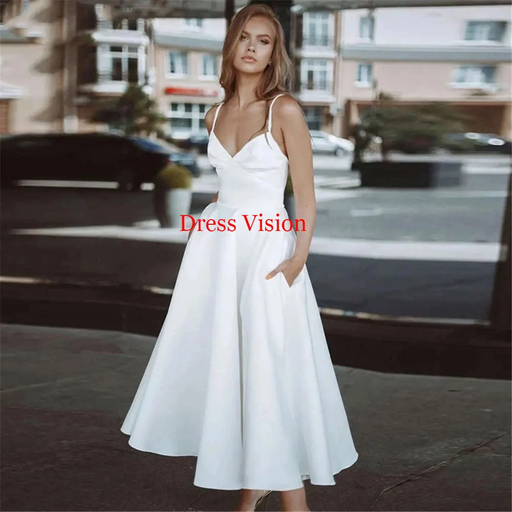 Short White Wedding Tea-Length V-Neck Beach Bridal Gowns Spaghetti Straps Simple Country Party Dress vestido de noiva casamento