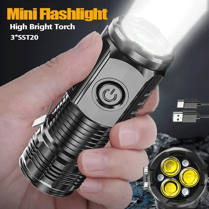 

Mini Strong Light 3LED Flashlight Built in Battery USB Charging 5 Modes Lamp Powerful Portable Torch with Tail Magnet Cap Clip