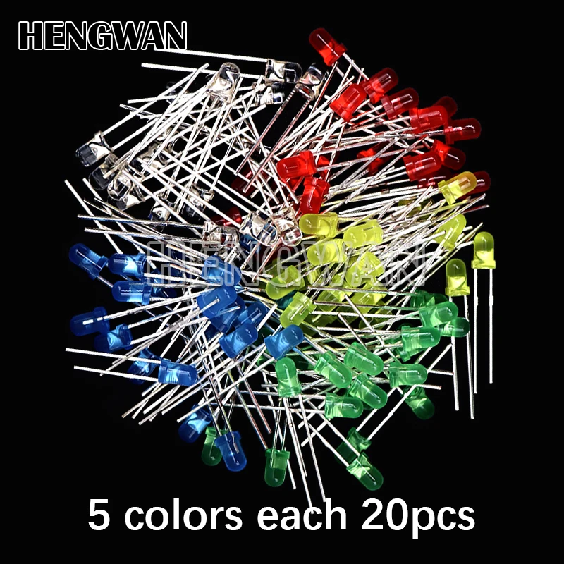 100pcs 3mm 5mm LED Light White Yellow Red Green Blue Assorted Kit DIY LEDs Set Electronic DIY Kit