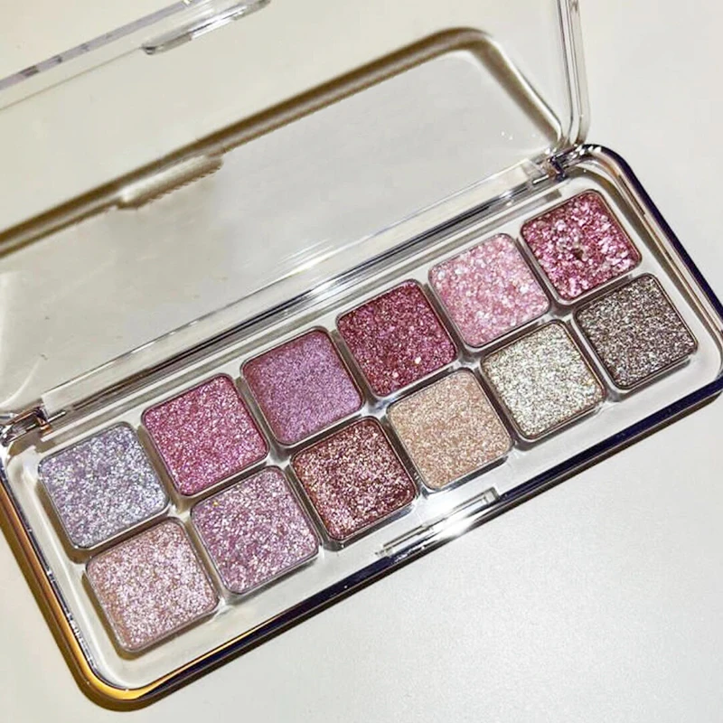 All Glitter Peach Sequin Eyeshadow Palette 12Colors Pink Pearly Highlights Shiny Polarized Flash Charming Eyes Makeup Pallete