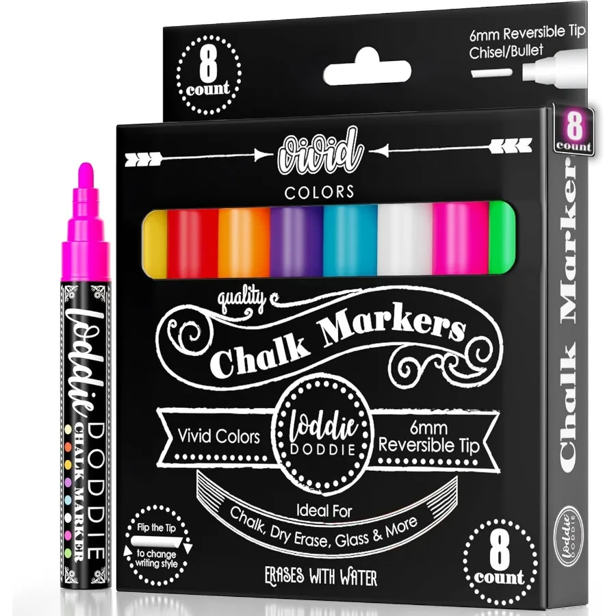 Liquid Chalk Markers 8Pack with 6mm Reversible Chisel and Bullet Tips for Blackboard or Chalkboard Use Vibrant Erasable Neon Wr