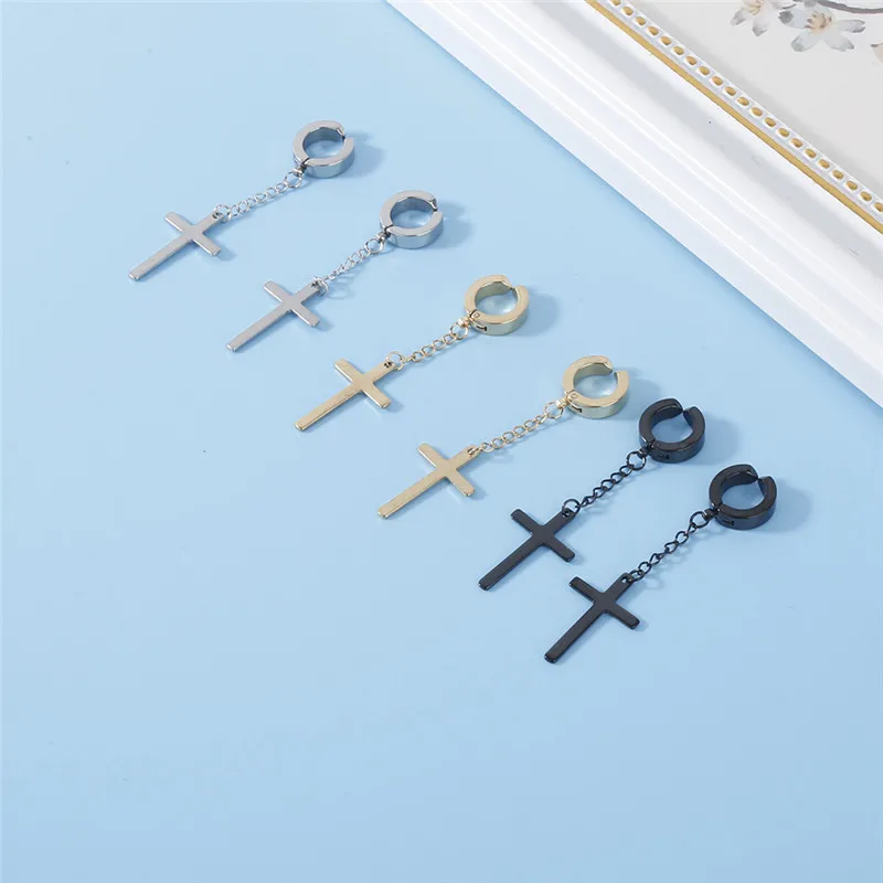 Fashion Punk Cross Tassel Pendant Earrings Stainless Steel Classic Geometric Charms Clip Ear Jewelry Party Gifts For Women Men