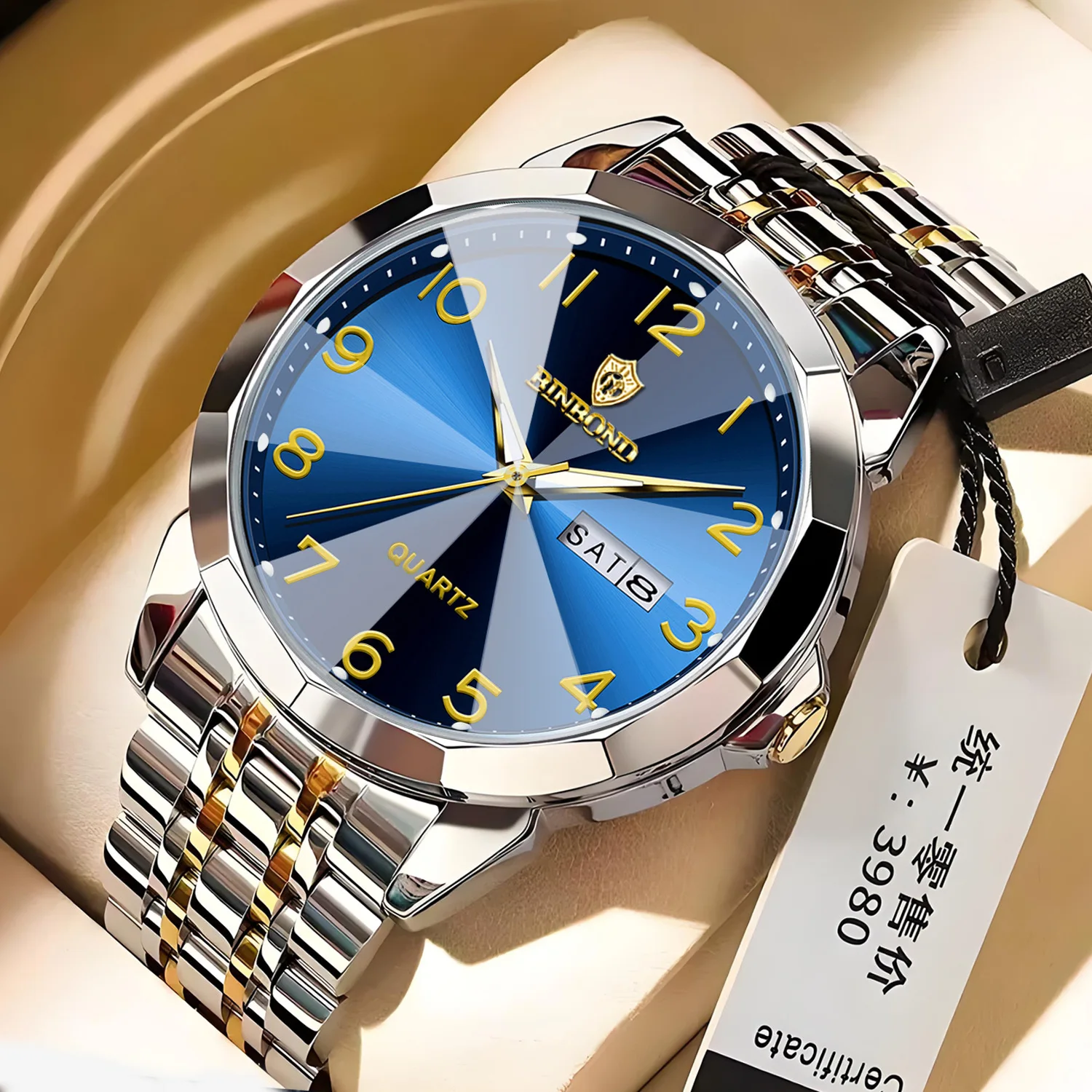 BINBOND ساعات رجالية فاخرة موضة أصلية كوارتز ساعة يد كبيرة أرقام عربية الهاتفي حزام الفولاذ المقاوم للصدأ مقاوم للماء Reloj