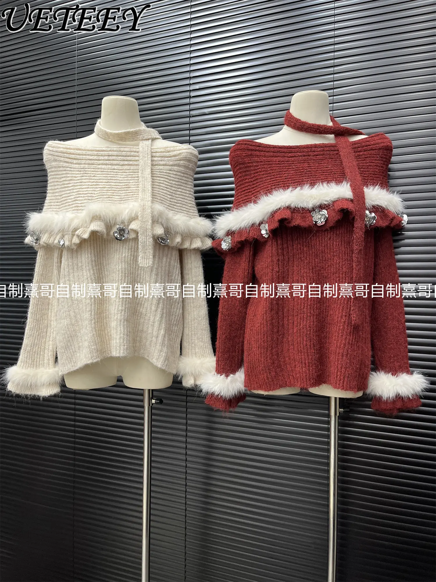 

Женский вязаный свитер с открытыми плечами, бисером, меховыми вставками и длинными рукавами, весна 2026, элитный свитер с лямкой через шею и бантом