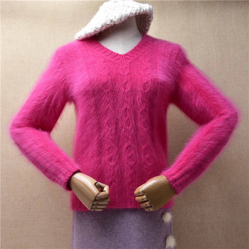 Female Women Pull Rose Hairy Mink Cashmere Knitted V-Neck Long Sleeves Jacquard V-Neck Long Sleeves Slim Blouses Sweater Jumper