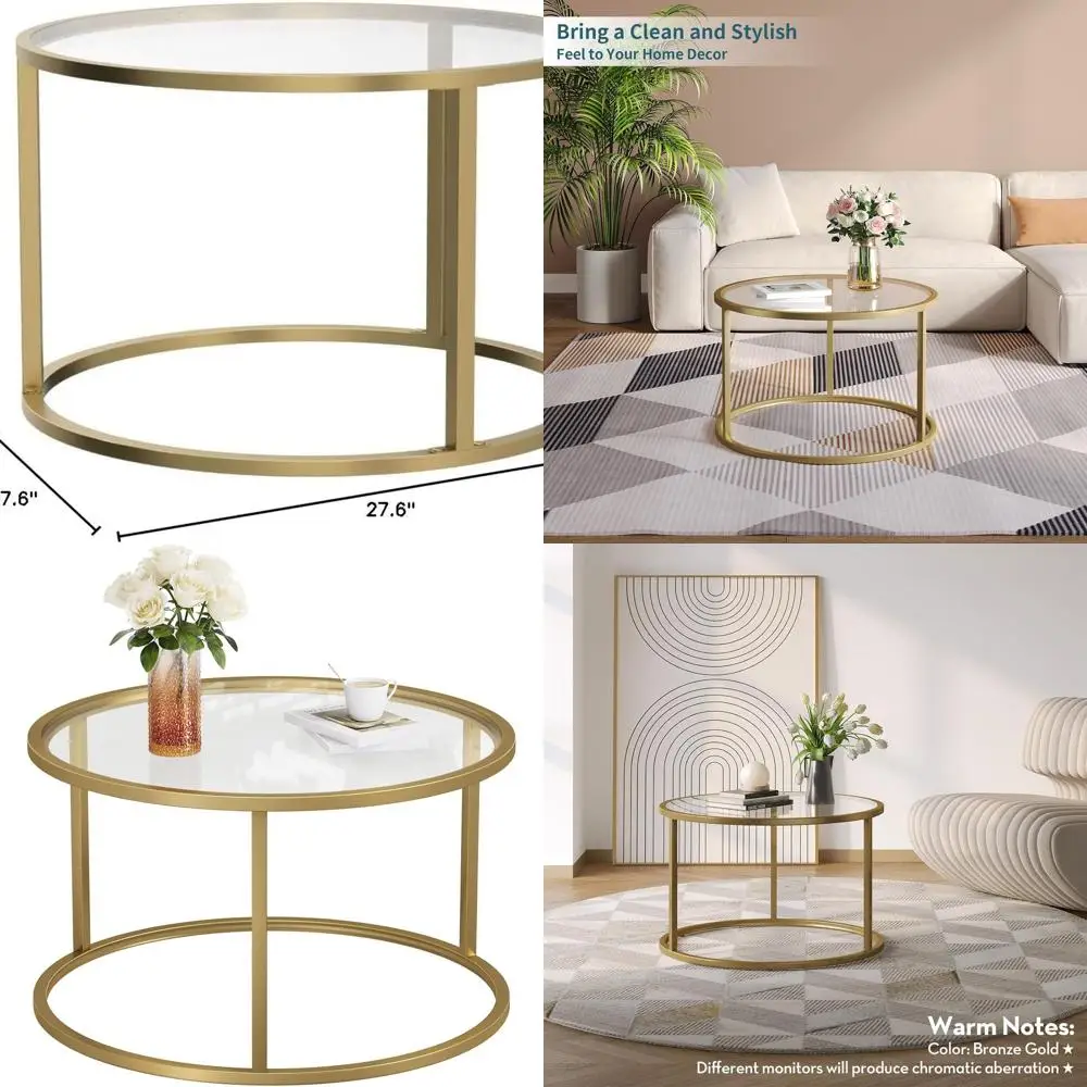 

Round Gold Modern Coffee Table for Small Spaces, Simple Living Room Center Table with Easy Assembly