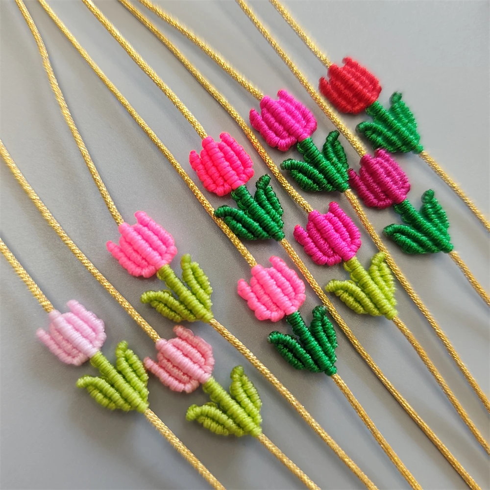 Handwork Hand Knitting Tulips kid\'s Adjustable lucky Bracelet Braided small flower Women Bestie Charm Simple Friendship gift