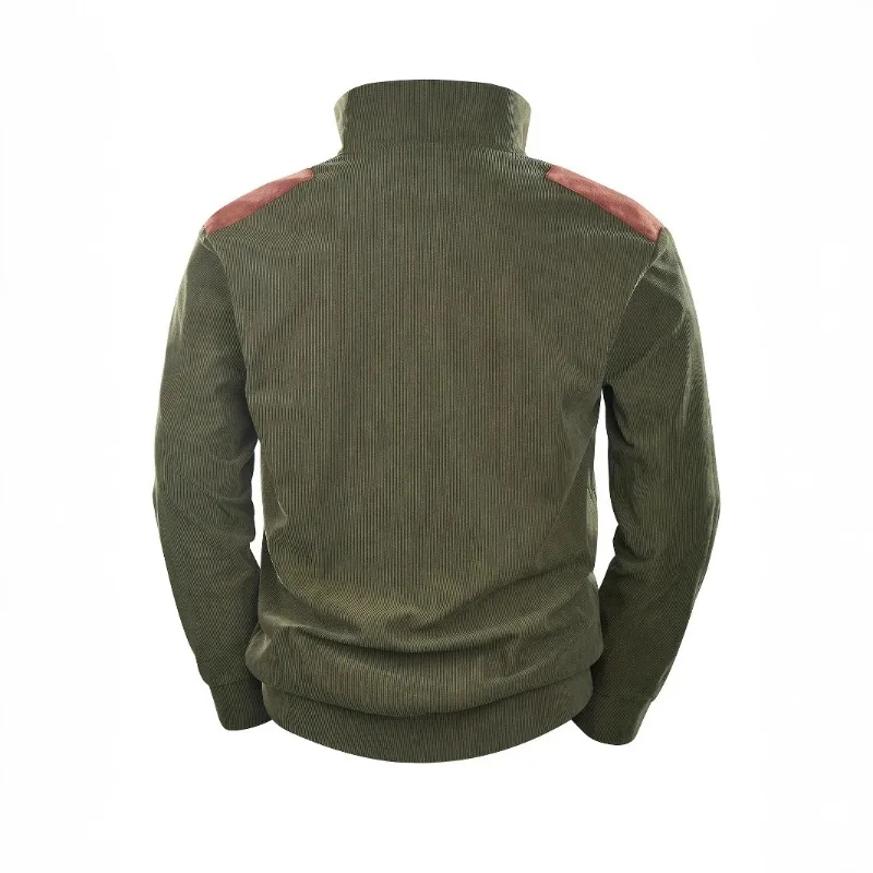 New High Quality Corduroy Men's Stand Collar Hoodie, Business Casual Retro Men's Long Sleeve Polo Shirt, Army Green Men's Shirt