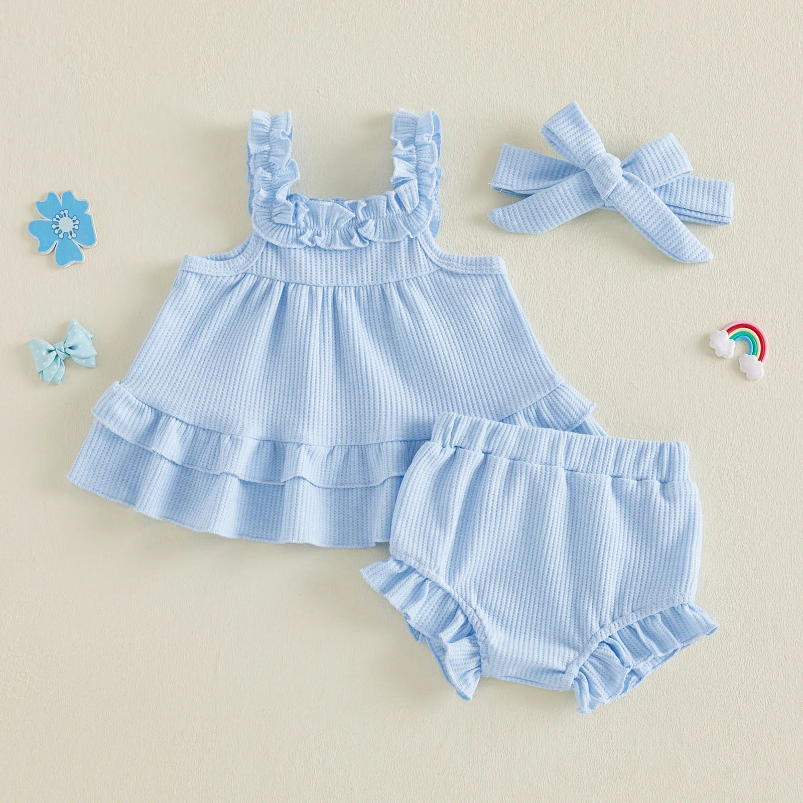 0-24M Baby Girl Summer Outfits Solid Color Waffle Sleeveless Bodydoll Tops PP Shorts Headband 3Pcs Clothes Sets 4