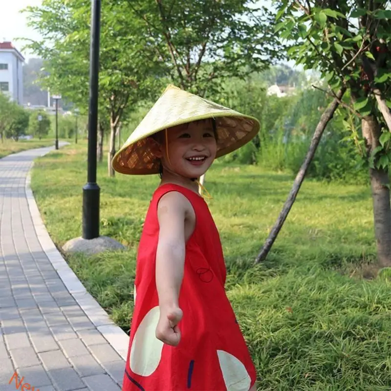 Sombrero cono estilo chino para niño, sombrero a prueba verano con cuerda ajustable para barbilla LXAD