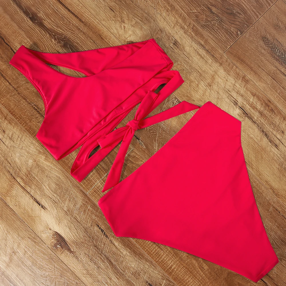 Conjunto de Bikini de un hombro para mujer, bañador de cintura alta, trajes de baño sólidos, Bikini entrecruzado con Push-Up para mujer 2024