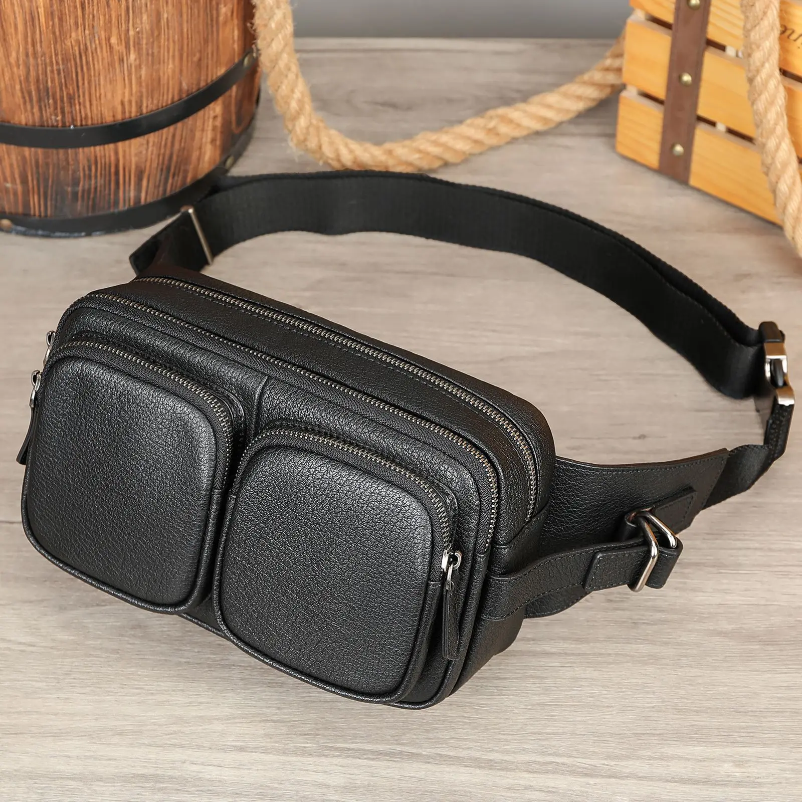 Fanny Pack de couro genuíno para homens e mulheres, bolsa de cintura, organizador com cinto ajustável, grande capacidade, vários bolsos